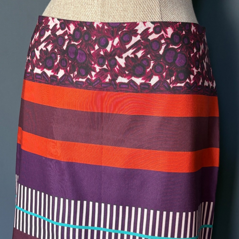 SUNO Mixed Print Midi Skirt Purple Orange Floral Stripe | Size 4 | Side Slit